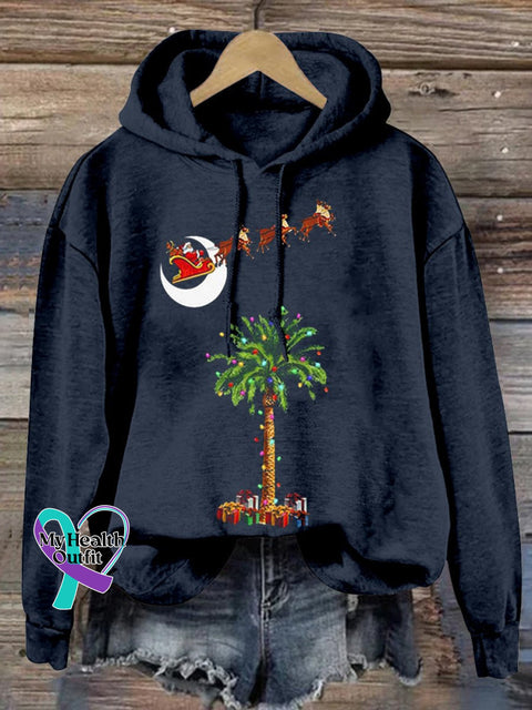 Christmas Coconut Tree Santa Elk Gift Print Casual Sweatshirt Navyblue / S