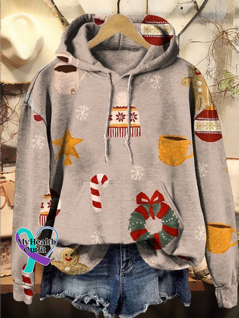 Christmas Coffee Candy Cane Hooded Casual Sweatshirt Multicolor / S
