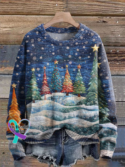 Christmas Colorful Tree Night Print Knit Pullover Sweater
