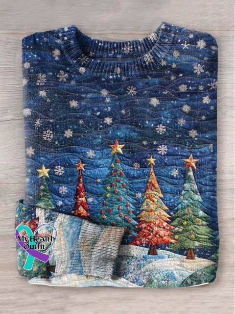 Christmas Colorful Tree Night Print Knit Pullover Sweater Multicolor / S