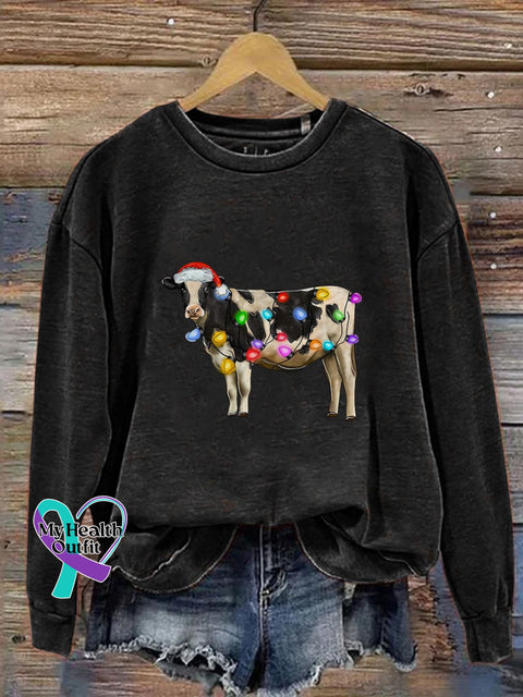 Christmas Cow Lights Farm Xmas Print Casual Sweatshirt Black / S