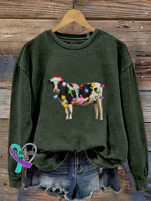 Christmas Cow Lights Farm Xmas Print Casual Sweatshirt Darkgreen / S