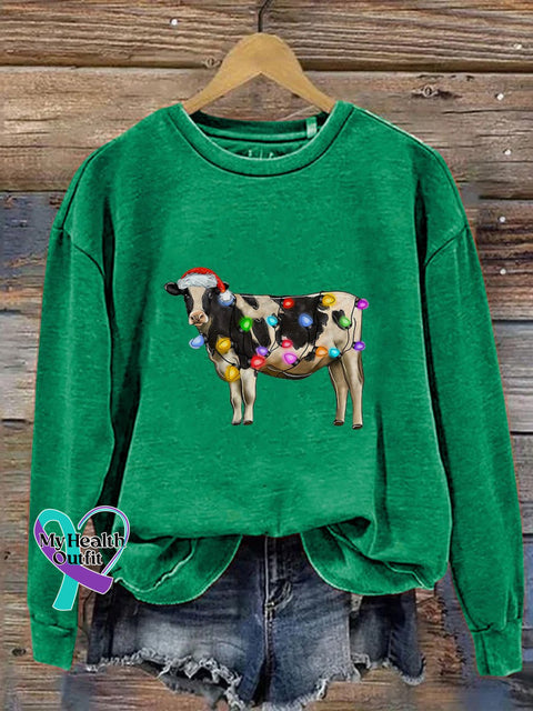 Christmas Cow Lights Farm Xmas Print Casual Sweatshirt Green / S