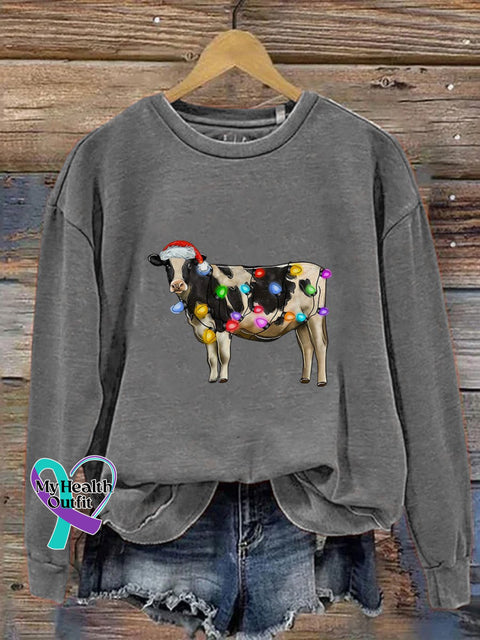 Christmas Cow Lights Farm Xmas Print Casual Sweatshirt Grey / S
