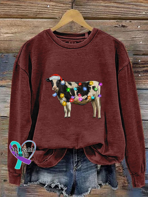 Christmas Cow Lights Farm Xmas Print Casual Sweatshirt Maroon / S