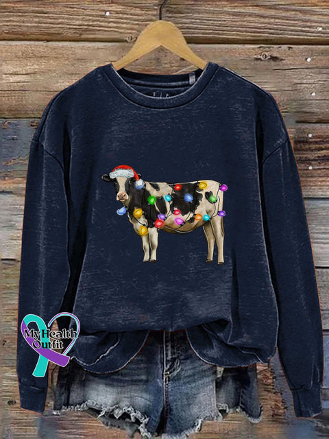 Christmas Cow Lights Farm Xmas Print Casual Sweatshirt Navyblue / S