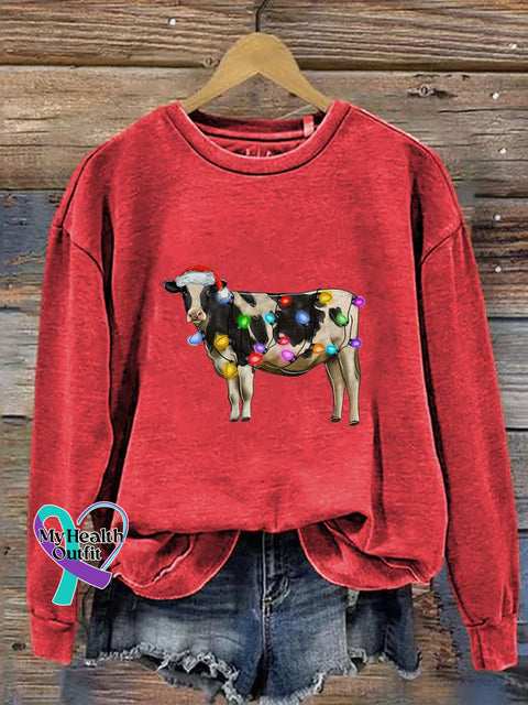 Christmas Cow Lights Farm Xmas Print Casual Sweatshirt Red / S
