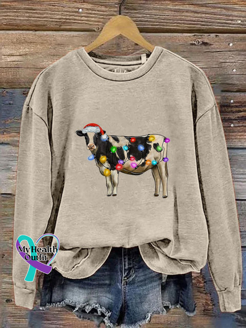 Christmas Cow Lights Farm Xmas Print Casual Sweatshirt Sand / S
