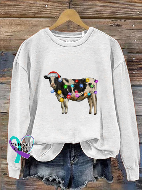 Christmas Cow Lights Farm Xmas Print Casual Sweatshirt White / S