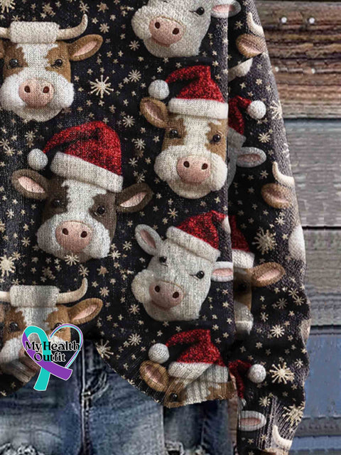 Christmas Cow Print Casual Knitted Hoodie Sweater