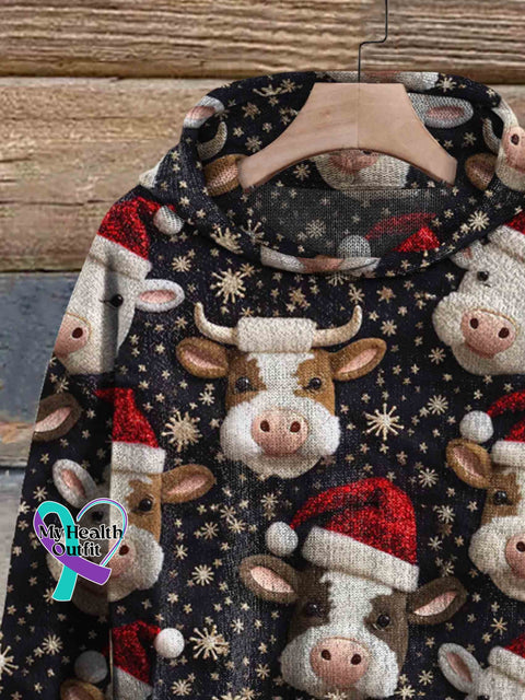 Christmas Cow Print Casual Knitted Hoodie Sweater