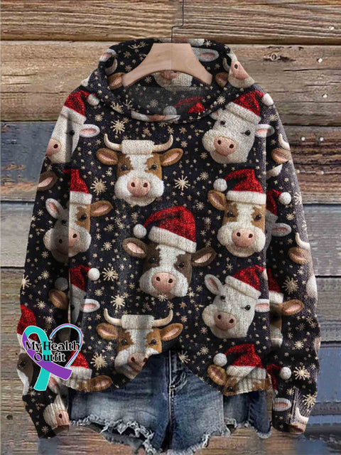 Christmas Cow Print Casual Knitted Hoodie Sweater Blalck / S