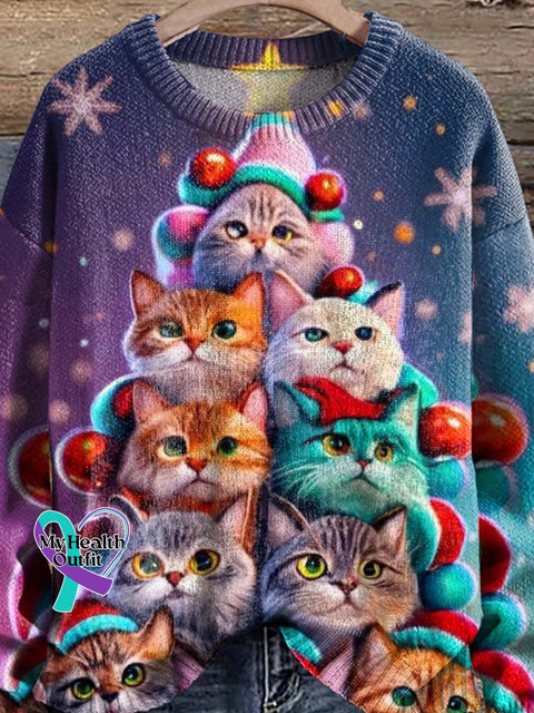 Christmas Cute Cat Tree Print Knit Pullover Sweater
