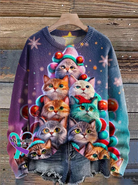 Christmas Cute Cat Tree Print Knit Pullover Sweater Multicolor / S