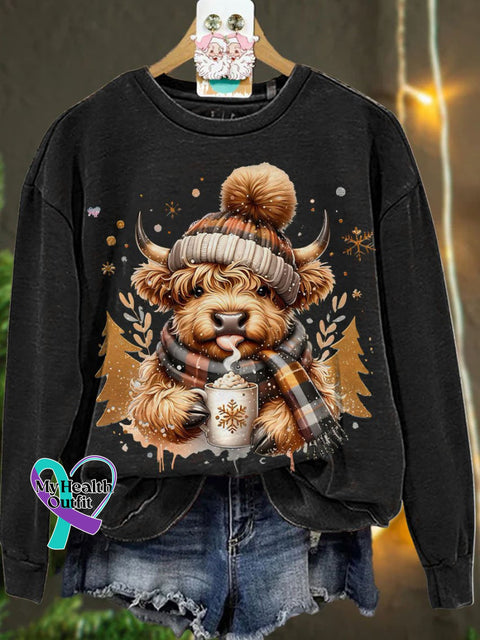 Christmas Cute Highland Cow Casual Sweatshirt Black / S