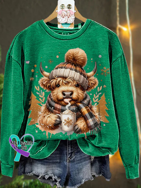 Christmas Cute Highland Cow Casual Sweatshirt Green / S