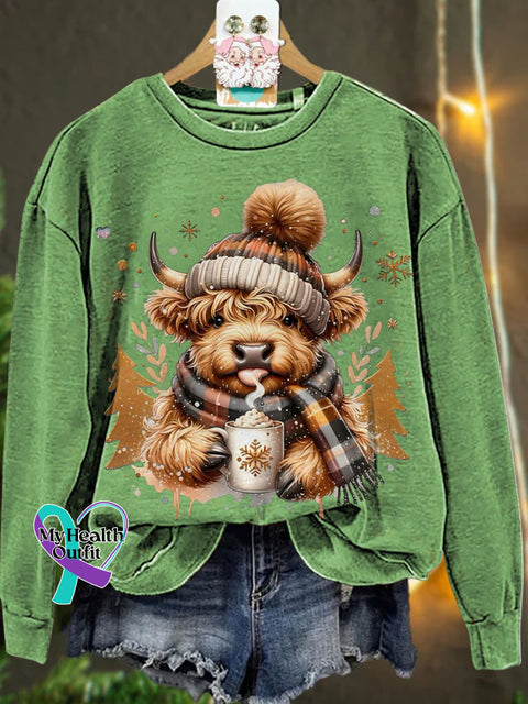 Christmas Cute Highland Cow Casual Sweatshirt Lightgreen / S