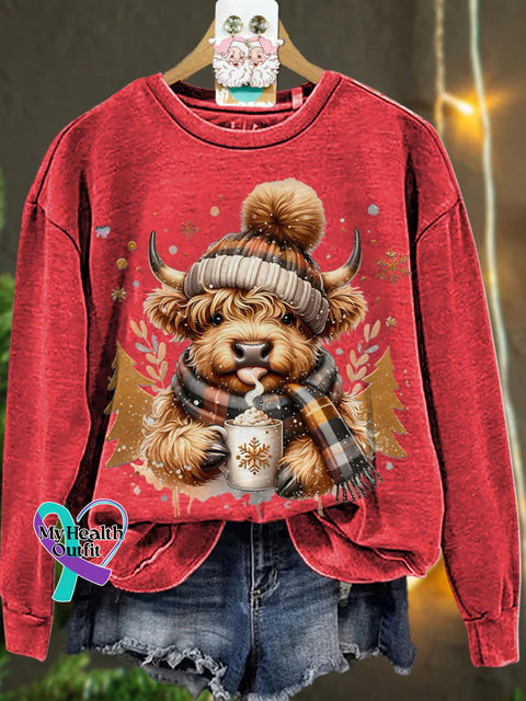 Christmas Cute Highland Cow Casual Sweatshirt Red / S