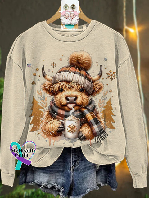 Christmas Cute Highland Cow Casual Sweatshirt Sand / S