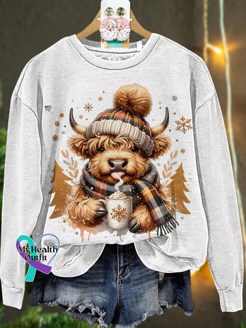Christmas Cute Highland Cow Casual Sweatshirt White / S