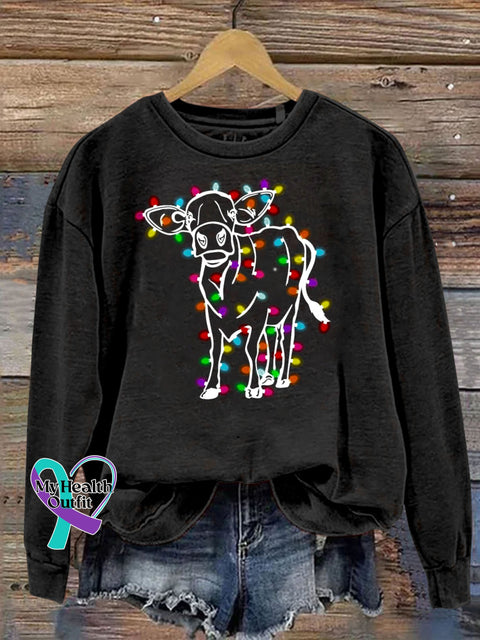 Christmas Cute Highland Cow Lights Funny Print Casual Sweatshirt Black / S