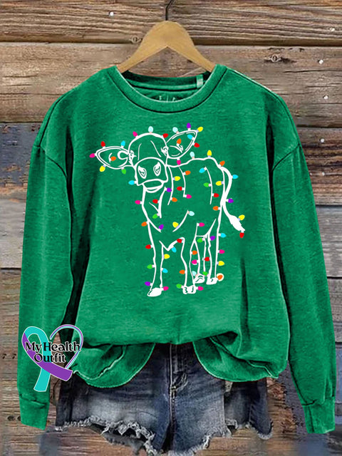 Christmas Cute Highland Cow Lights Funny Print Casual Sweatshirt Christmasgreen / S