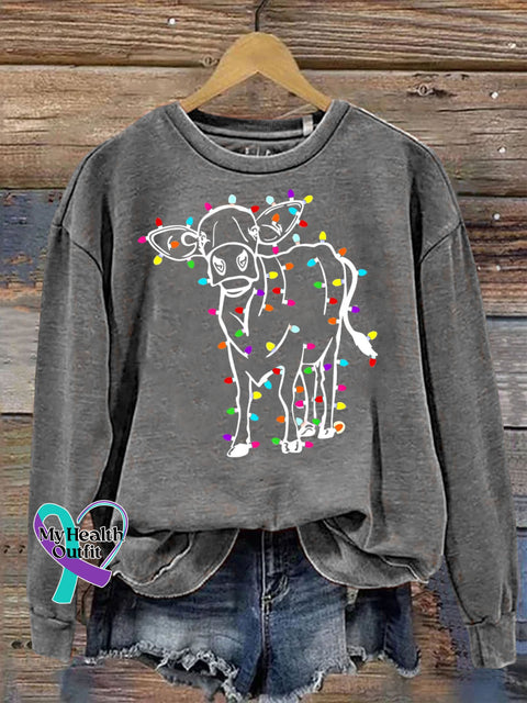 Christmas Cute Highland Cow Lights Funny Print Casual Sweatshirt Grey / S