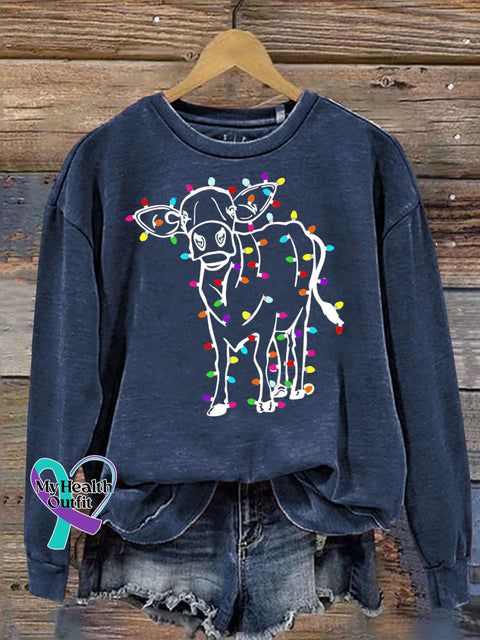 Christmas Cute Highland Cow Lights Funny Print Casual Sweatshirt Navyblue / S