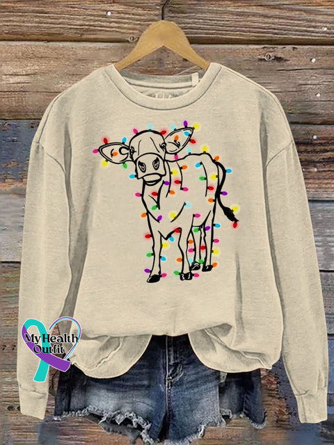 Christmas Cute Highland Cow Lights Funny Print Casual Sweatshirt Sand / S