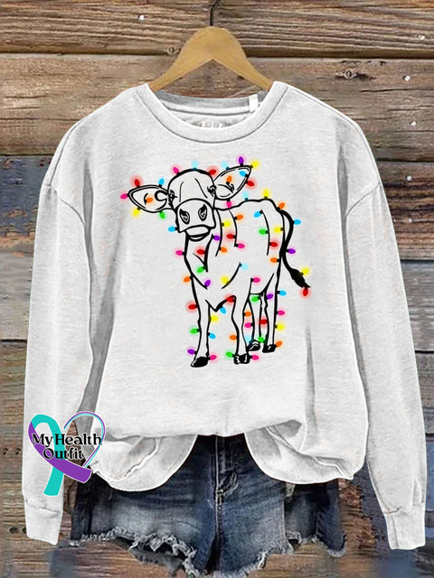 Christmas Cute Highland Cow Lights Funny Print Casual Sweatshirt White / S