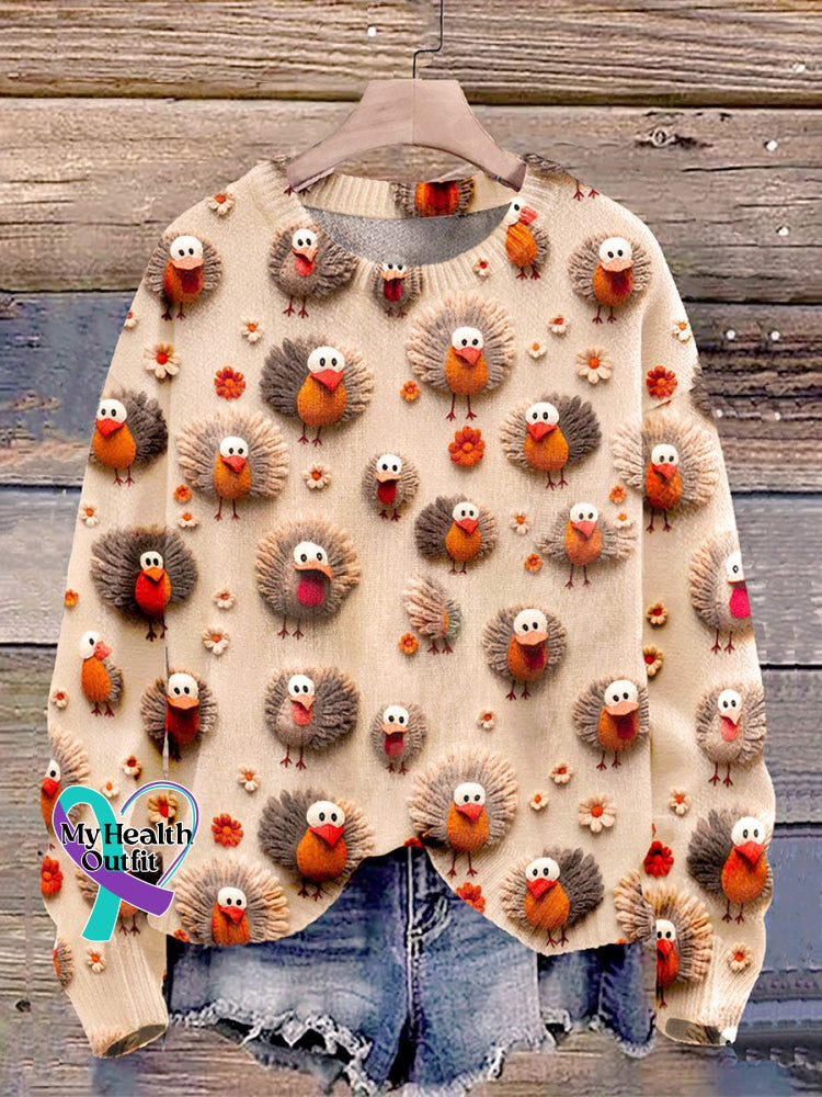 Christmas Cute Little Turkeys Print Knit Pullover Sweater Multicolor / S