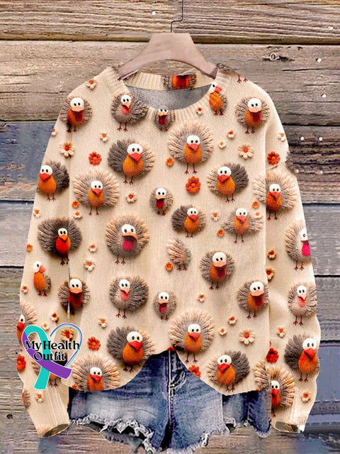 Christmas Cute Little Turkeys Print Knit Pullover Sweater Multicolor / S