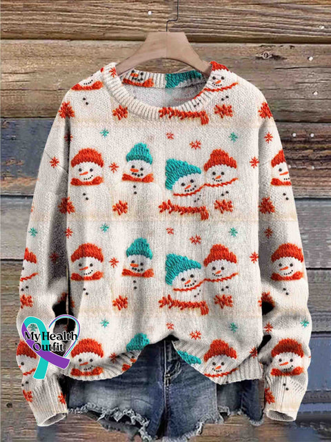 Christmas Cute Multi-Color Snowman Seamless Knitted Pattern Round Neck Trendy Retro Casual Printed