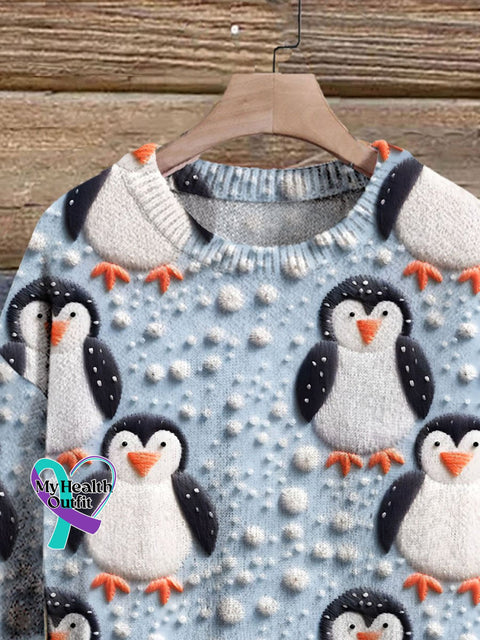 Christmas Cute Penguin Simulated Embroidery 3D Print Casual Knit Pullover Sweater