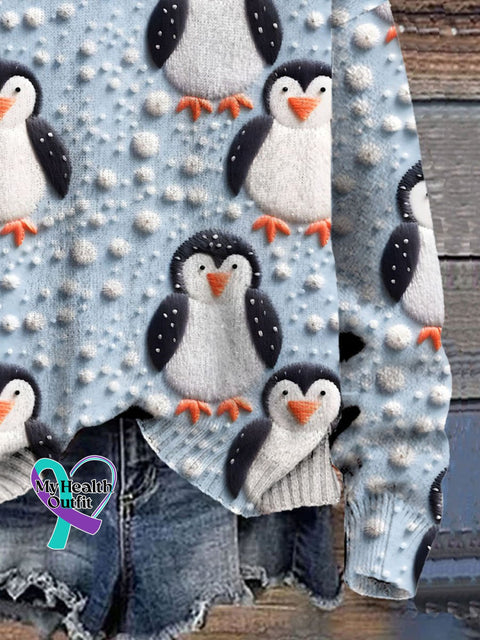 Christmas Cute Penguin Simulated Embroidery 3D Print Casual Knit Pullover Sweater