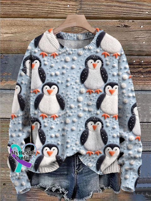 Christmas Cute Penguin Simulated Embroidery 3D Print Casual Knit Pullover Sweater Multicolor / S