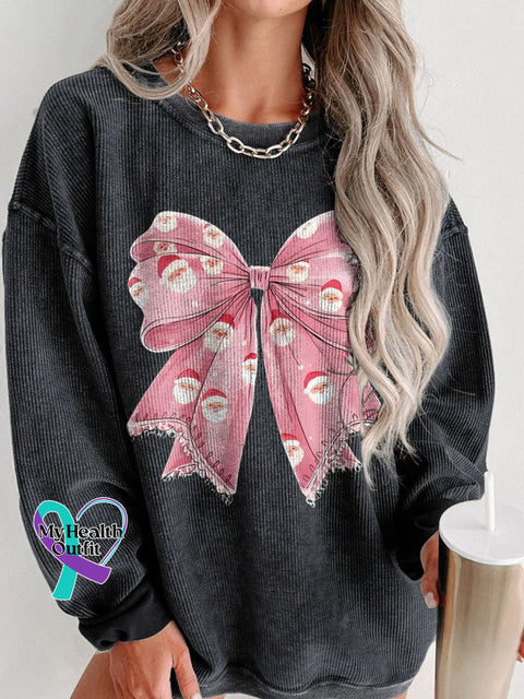 Christmas Cute Santa Bow Women’s Casual Print Corduroy Sweatshirt Black / S