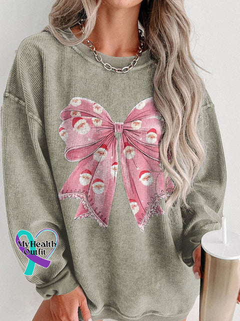 Christmas Cute Santa Bow Women’s Casual Print Corduroy Sweatshirt Brown / S