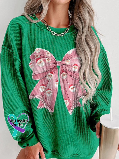 Christmas Cute Santa Bow Women’s Casual Print Corduroy Sweatshirt Green / S