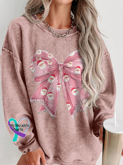 Christmas Cute Santa Bow Women’s Casual Print Corduroy Sweatshirt Pink / S