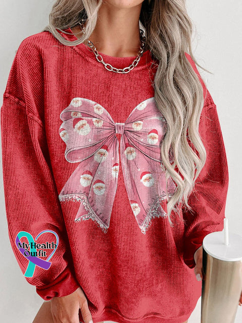 Christmas Cute Santa Bow Women’s Casual Print Corduroy Sweatshirt Red / S
