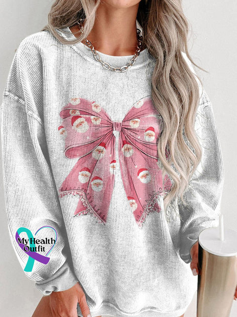 Christmas Cute Santa Bow Women’s Casual Print Corduroy Sweatshirt White / S