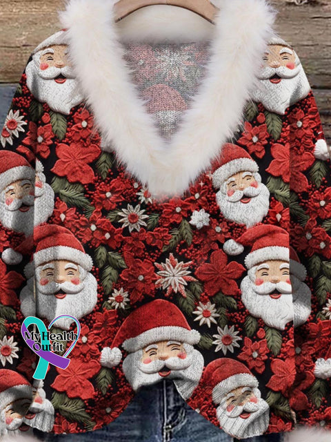 Christmas Cute Santa Floral Art Pattern Print Knit Pullover Sweater