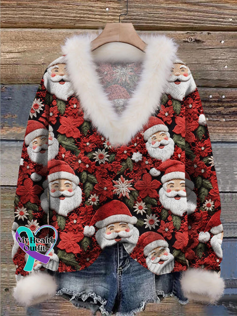 Christmas Cute Santa Floral Art Pattern Print Knit Pullover Sweater Red / S