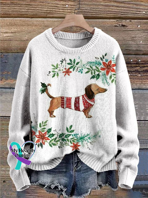 Christmas Dachshund Dog Print Knit Pullover Sweater Multicolor / S