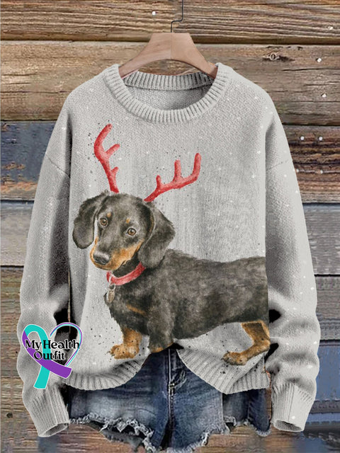 Christmas Dachshund Dog Print Knit Pullover Sweater Multicolor / S