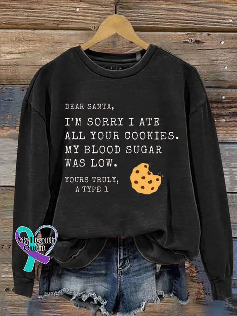 Christmas Diabetes Awareness Print Casual Sweatshirt Black / S