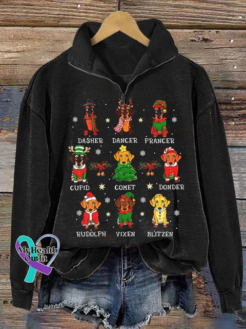 Christmas Dog Print Casual Zip Sweatshirt Black / S