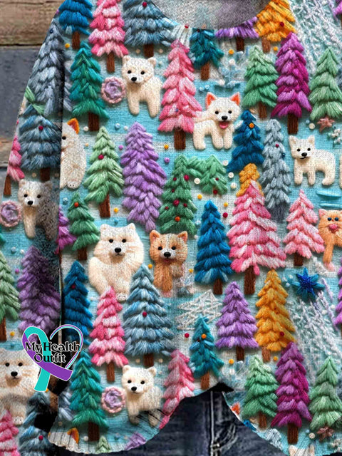 Christmas Dogs Print Knit Pullover Sweater