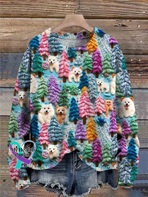 Christmas Dogs Print Knit Pullover Sweater